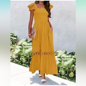 Mustard Yellow Lace Smocked Ruffle Flowy A line Maxi Dress